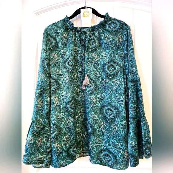 NWT GRAND & GREENE, LARGE, PAISLEY TIE NECK WITH TASSELS TRUMPET SLEEVE TOP - Picture 7 of 11
